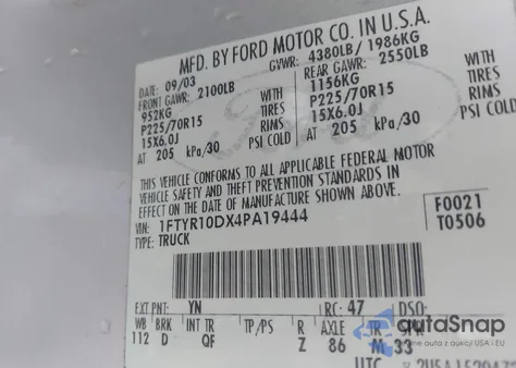 2004 Ford Ranger Xl/Xlt from USA, damaged, VIN 1FTYR10DX4PA19444